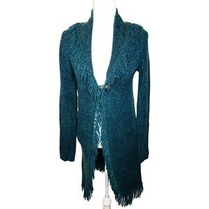 Carole Little Wool Blend Long Fringe Cardigan Toggle Button Green Size: Small